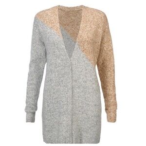 CAbi Tilt Two-Tone Gray Tan Beige Cardigan Snap V Neck Long Sleeve Colorblock